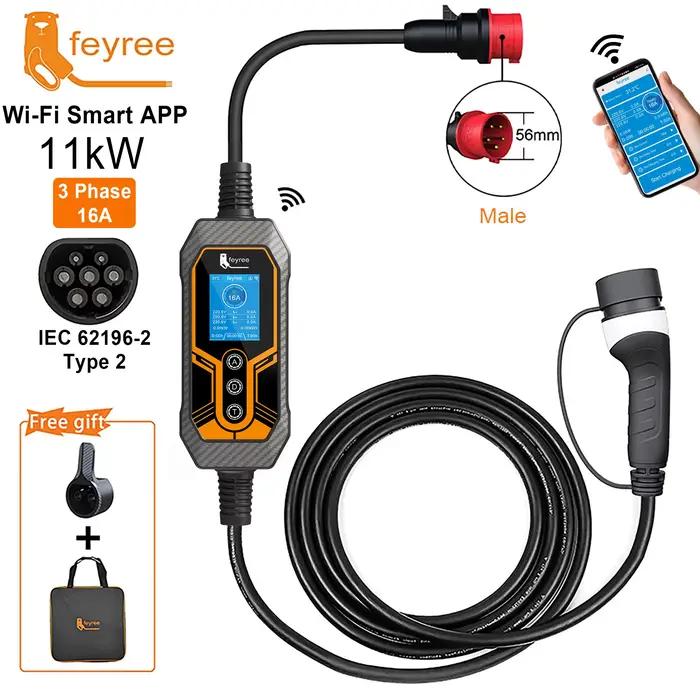 Chargeur EV portable Feyree Type 2 11KW 16A 3 phases avec Wi-Fi, application Bluetooth, câble de charge EVSE 5m, prise CEE pour voiture électrique