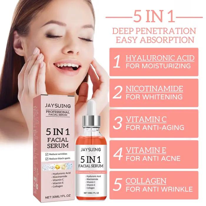 JAYSUING 5 en 1 sérum pour le visage acide hyaluronique vitamine C rétrécit les Pores hydratant éclaircissant estompe