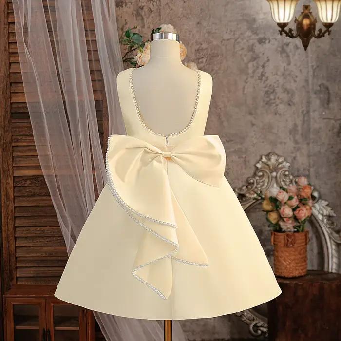 Robe blanche pour filles, tenue de princesse à gros nœud, dos nu, avec perles, pour enfants, robe de spectacle de mariage, de demoiselle d'honneur, d'anniversaire