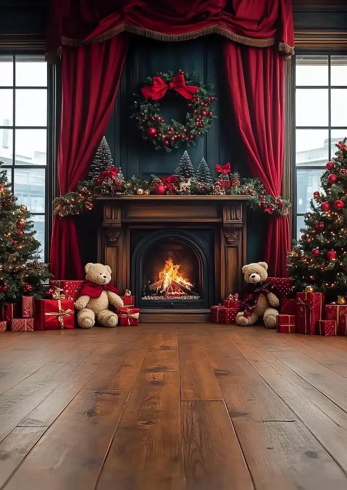 Noël maison fond photographie fenêtre cheminée plancher en bois cadeau arbre ours enfants bébé Photo toile de fond chambre décoration Studio
