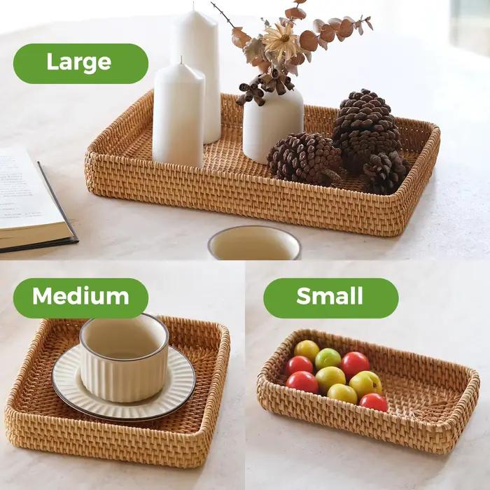 Ensemble de 3 plateaux de service en rotin, plateau rectangulaire tressé, plateau de service décoratif en osier naturel, organisateur de table basse ou de coiffeuse