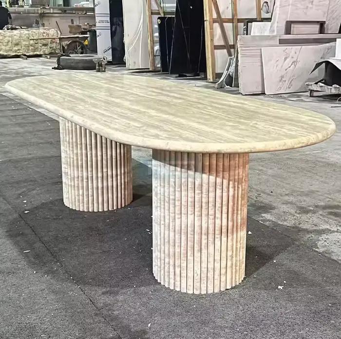 Table à manger moderne en travertin beige, table en pierre cannelée ovale en marbre, table à manger en travertin