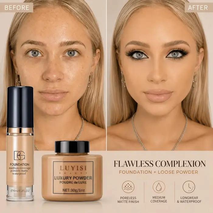 Ensemble de maquillage pour le visage : 1 poudre libre mate + 1 fond de teint waterproof, haute couvrance, longue tenue, contrôle du sébum, pour un look naturel.
