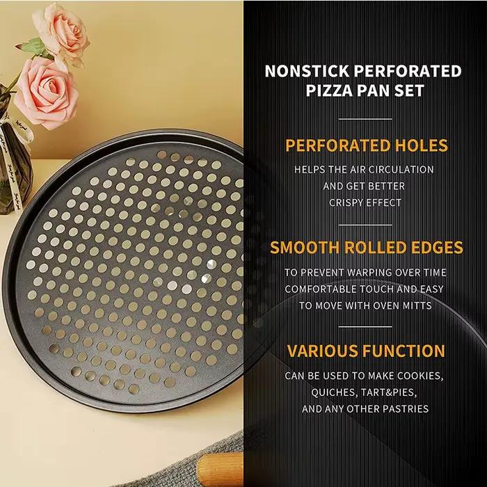 Plateaux à Pizza antiadhésifs en acier au carbone, moule de cuisson de Pizza avec trous, assiette ronde et profonde