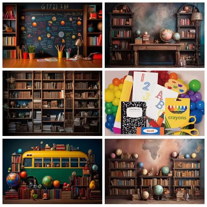 Tableau noir de retour à l'école, arrière-plan de photographie de remise de diplôme, Portrait d'anniversaire pour enfants, bibliothèque, décor de Studio Photo