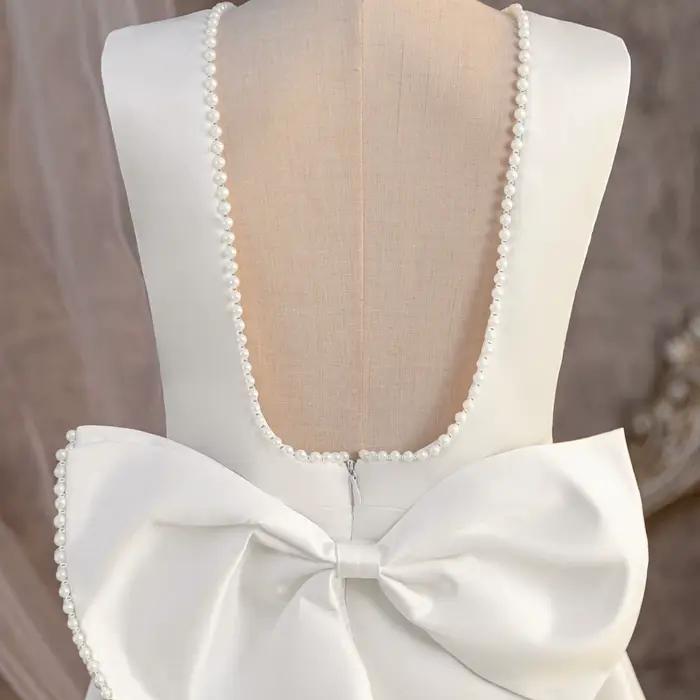 Robe blanche pour filles, tenue de princesse à gros nœud, dos nu, avec perles, pour enfants, robe de spectacle de mariage, de demoiselle d'honneur, d'anniversaire