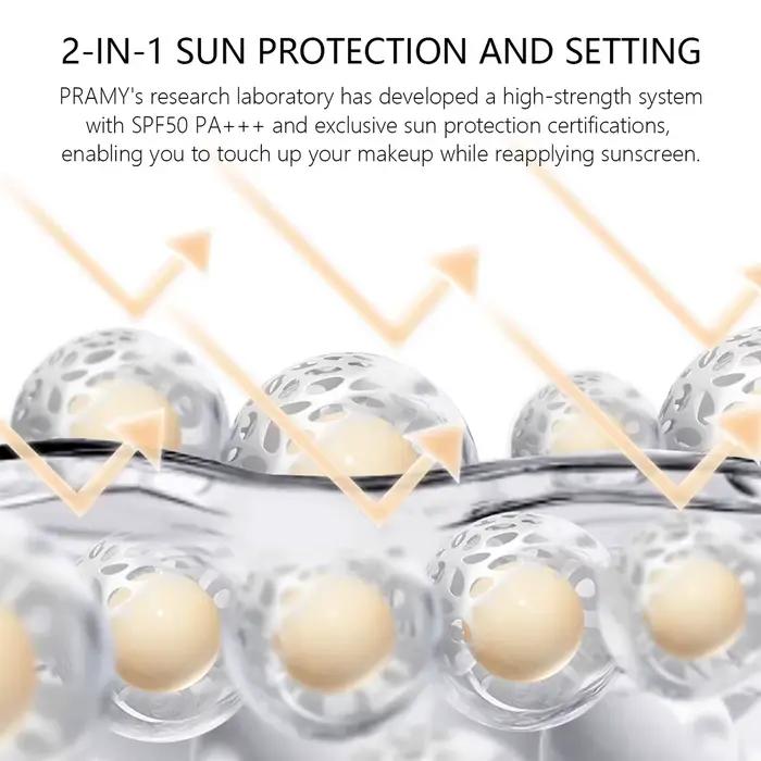 Poudre compacte solaire PRAMY, texture fine, légère et non-cakey, effet flou doux, contrôle du sébum et fixation du maquillage