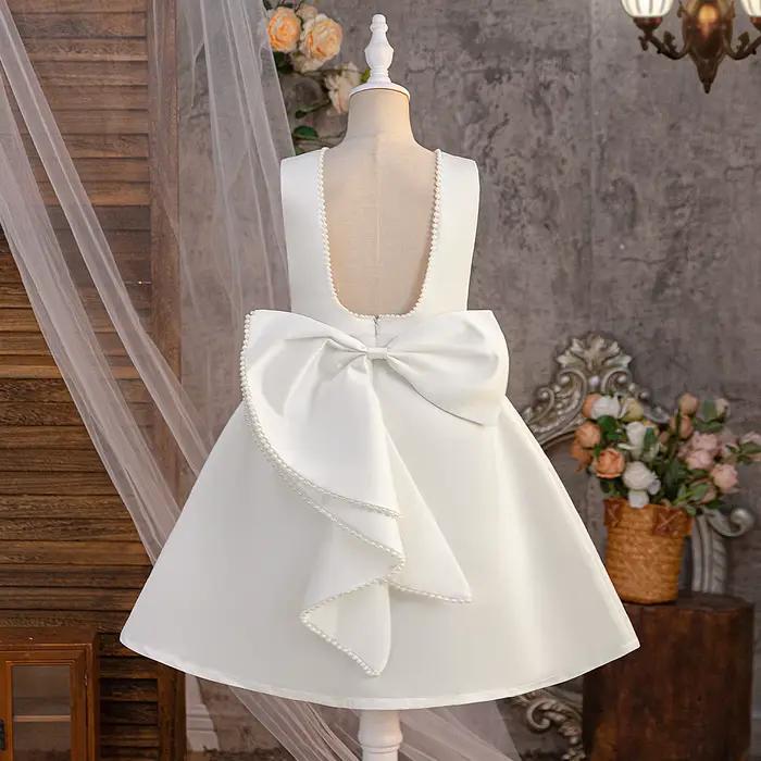 Robe blanche pour filles, tenue de princesse à gros nœud, dos nu, avec perles, pour enfants, robe de spectacle de mariage, de demoiselle d'honneur, d'anniversaire
