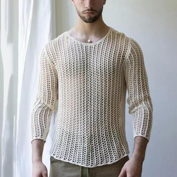 Haut en maille transparent pour hommes, manches longues, col rond, ajouré, chemise à bascule, haut en maille tricoté, vêtements pour hommes
