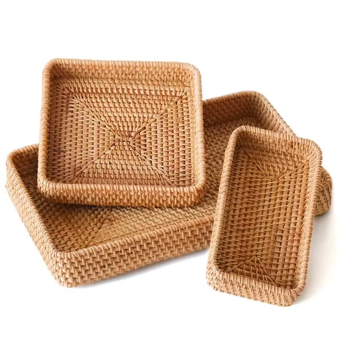 Ensemble de 3 plateaux de service en rotin, plateau rectangulaire tressé, plateau de service décoratif en osier naturel, organisateur de table basse ou de coiffeuse