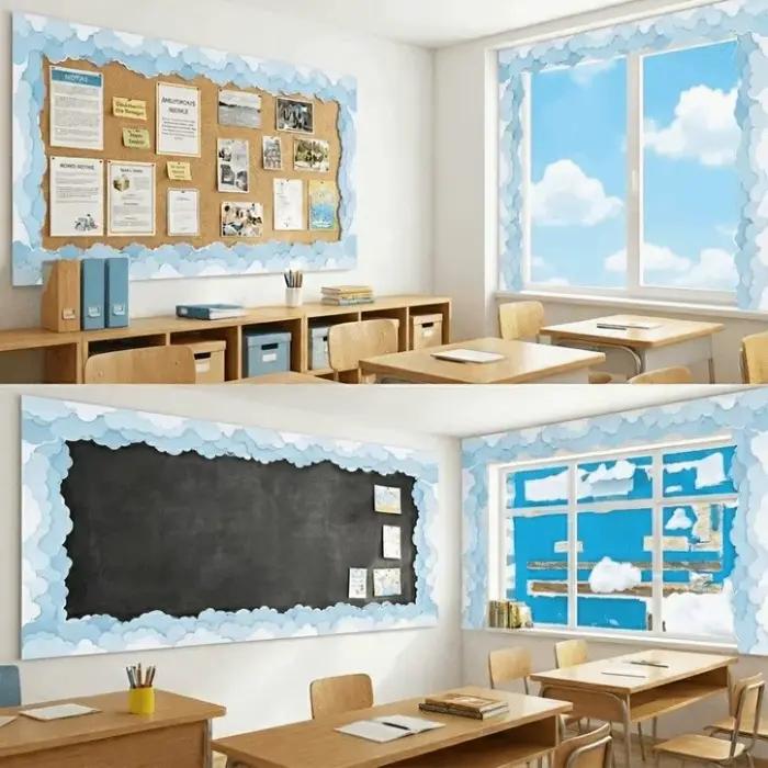 Bordure autocollante en papier calque noir, motif nuage, 4 couleurs unies, 10 m, amovible, pour décoration de salle de classe et de fête