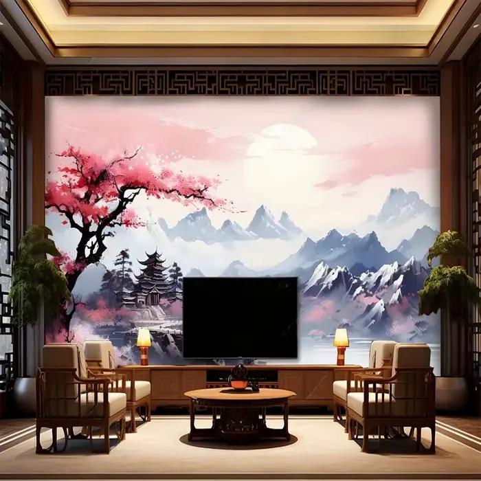 Papier peint photo 3D personnalisé, style chinois, encre esthétique, peinture de paysage, papier mural pour salon, fond TV, décoration murale
