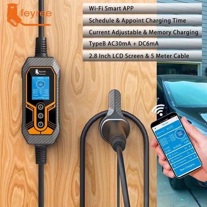 Chargeur EV portable Feyree Type 2 11KW 16A 3 phases avec Wi-Fi, application Bluetooth, câble de charge EVSE 5m, prise CEE pour voiture électrique