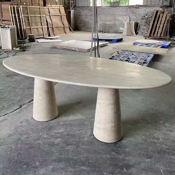 Table à manger moderne en travertin beige, table en pierre cannelée ovale en marbre, table à manger en travertin