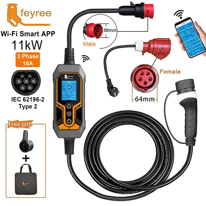 Chargeur EV portable Feyree Type 2 11KW 16A 3 phases avec Wi-Fi, application Bluetooth, câble de charge EVSE 5m, prise CEE pour voiture électrique