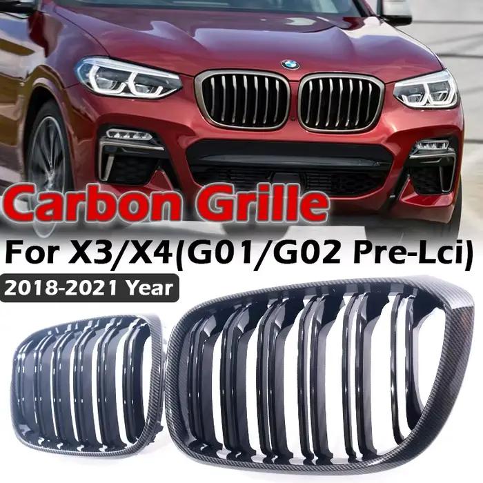 Grilles de remplacement pour BMW G01 X3 G02 X4 2018-2022, aspect fibre de carbone, noir brillant, simple ou double, pour calandre avant.