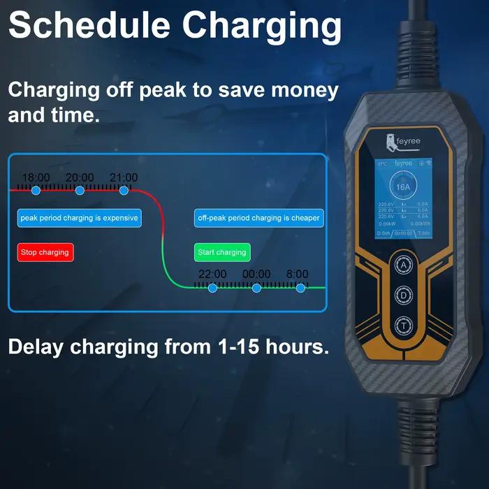 Chargeur EV portable Feyree Type 2 11KW 16A 3 phases avec Wi-Fi, application Bluetooth, câble de charge EVSE 5m, prise CEE pour voiture électrique