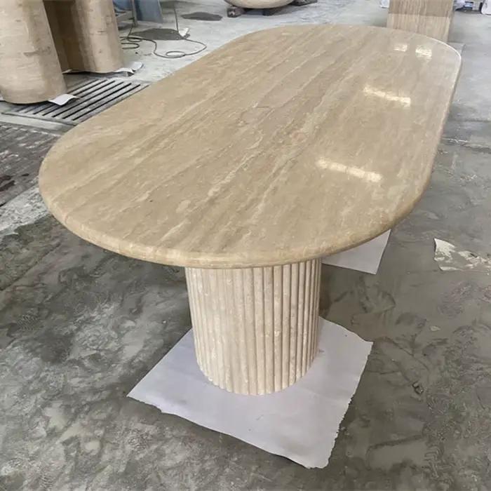 Table à manger moderne en travertin beige, table en pierre cannelée ovale en marbre, table à manger en travertin