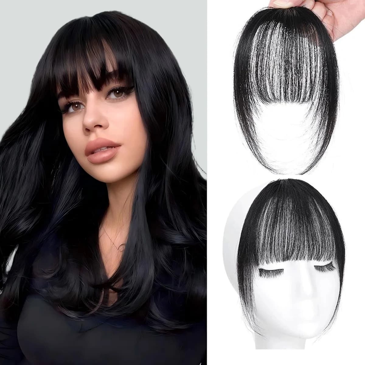 Extensions de cheveux naturels, franges légères et aériennes avec mèches latérales, à clipser, style