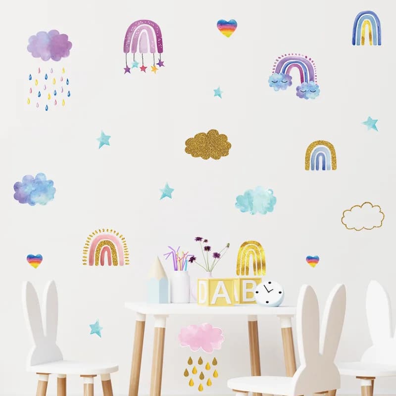 Autocollant mural nuages arc-en-ciel de dessin animé, décoration de fond de chambre d'enfant, papier