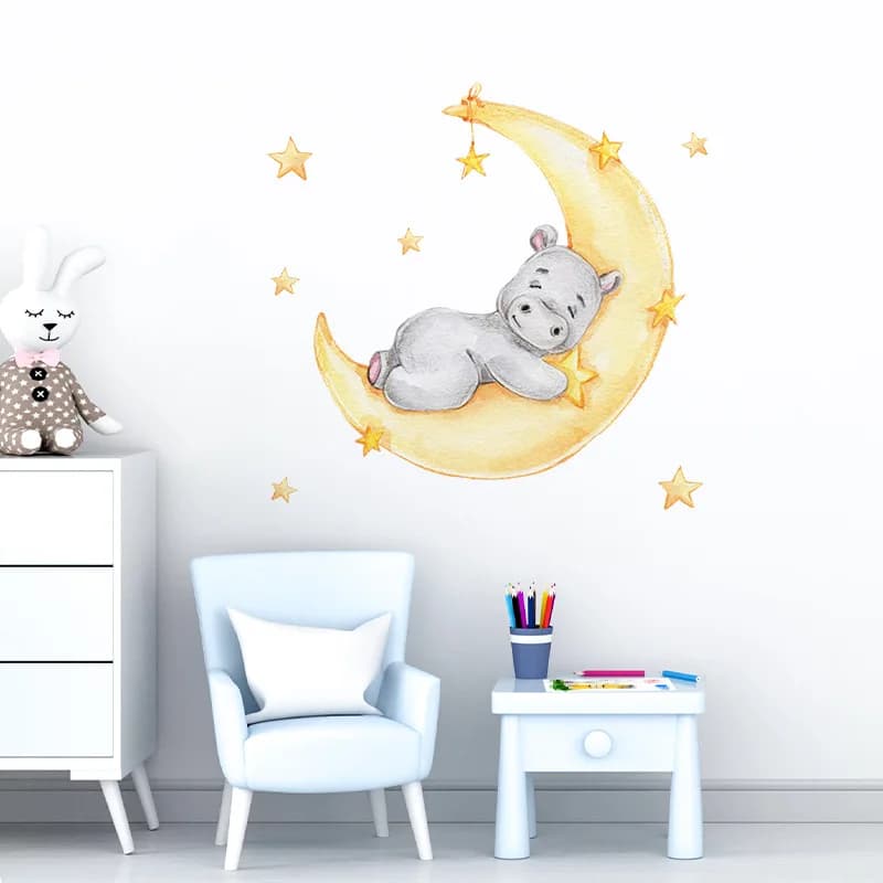 Autocollant mural de dessin animé lune hippopotame, décoration de chambre d'enfant, décoration de ma