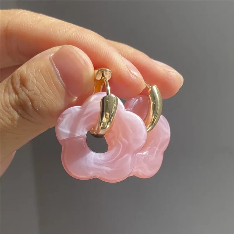 Boucles d'oreilles en résine de fleur acrylique rose, bijoux simples ronds creux en cuivre pour fill