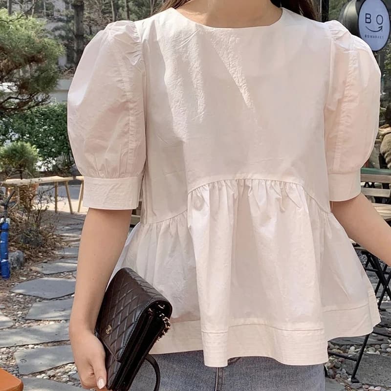 Chemise bouffante de style japonais pour femmes, chemisiers décontractés, péplum à volants, blanc un