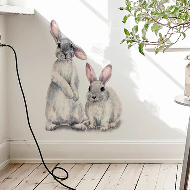Autocollants muraux de deux lapins mignons, décoration de chambre d'enfant, papier peint amovible, d