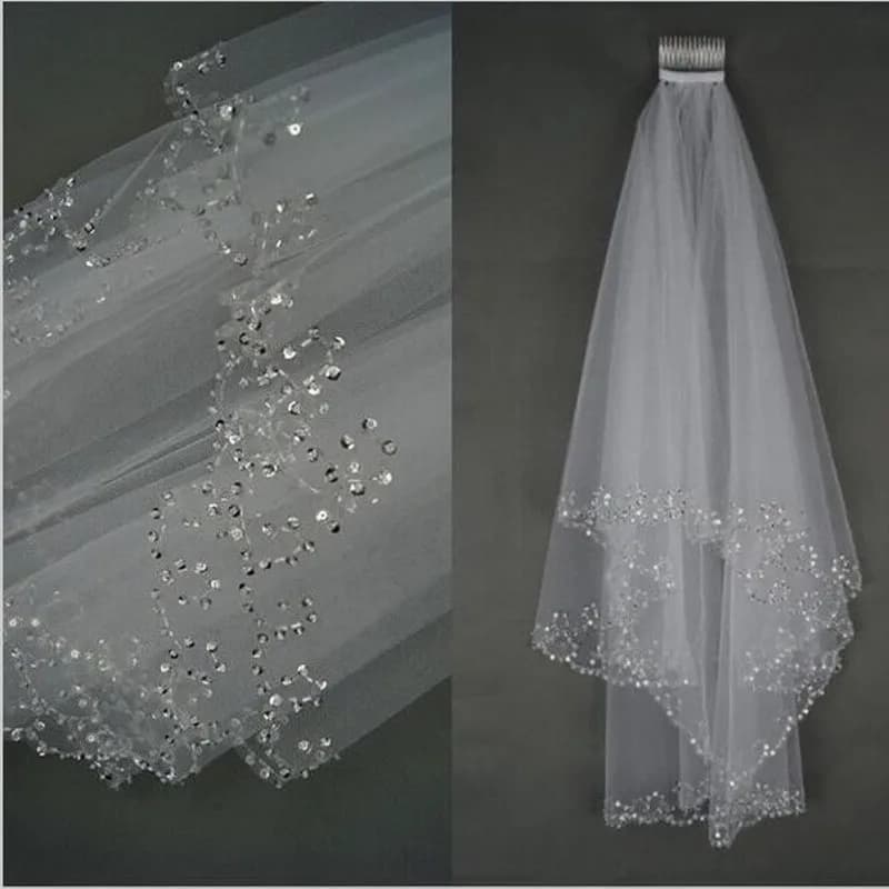 Voile de mariée blanc ivoire pour femme, 2 couches, 75 CM, paillettes faites à la main, bord perlé a