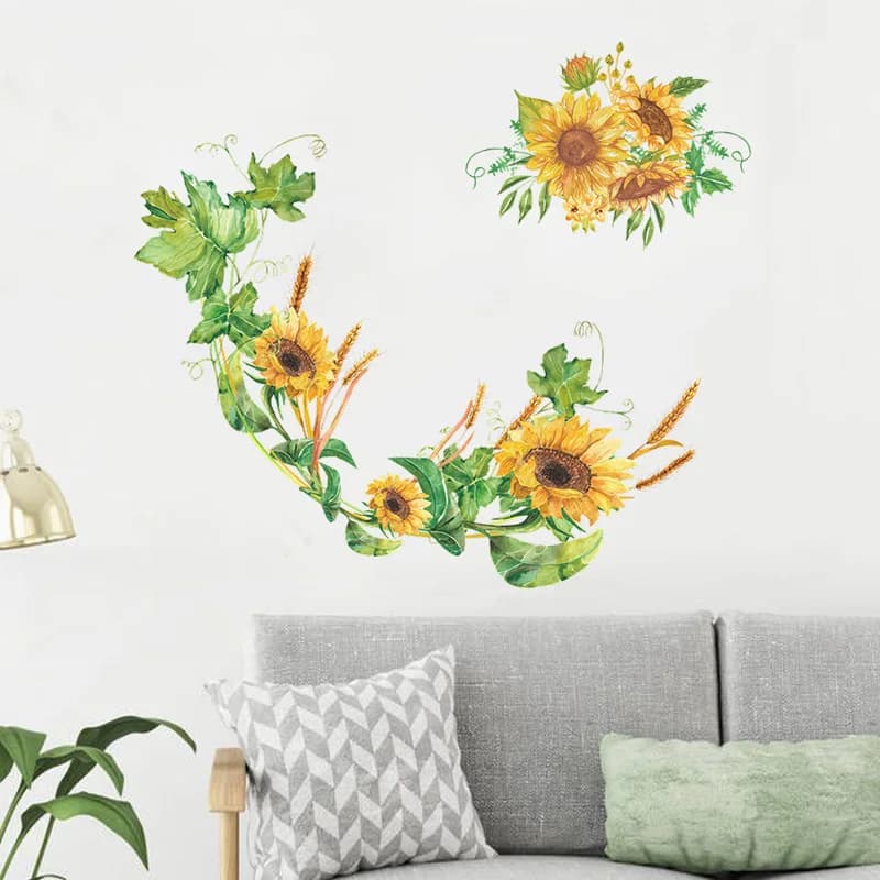 Autocollant mural en forme de feuilles de tournesol peintes, décoration de salon, papier peint, déco