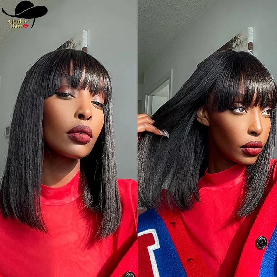 Perruques de cheveux vierges Bob droites avec frange cheveux humains malaisiens courts 180% densité