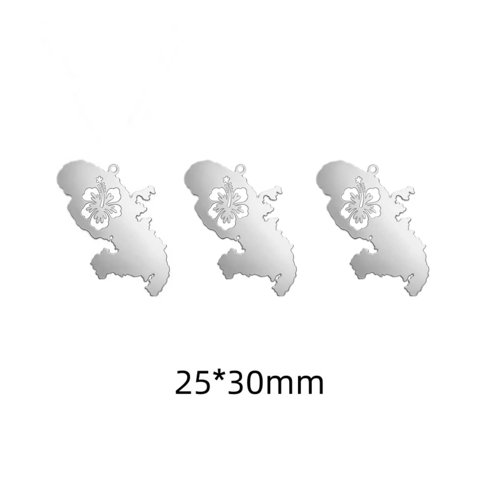 Lot de 3 breloques Carte de la Martinique avec fleur d'hibiscus, en acier inoxydable plaqué or 18 ca