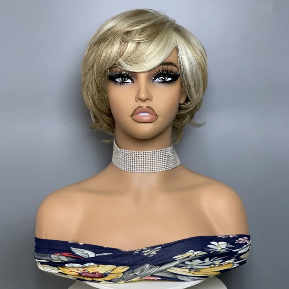 Perruque en cheveux humains ondulés sans lacet F8/60 #   Perruque courte de style pixie avec frange,