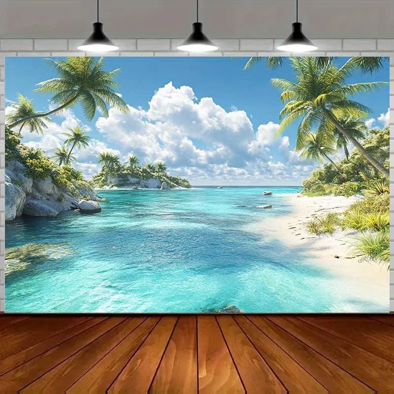 Bannière de fond 2D plage tropicale vue sur la mer - Aucun pouvoir requis - Fond de fête : Paysage d