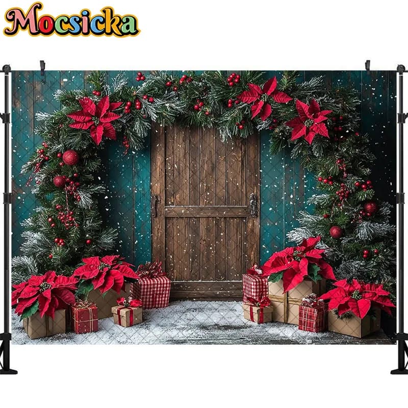 Fond de photographie de Noël pour la décoration de porte en bois, fond de couronne de Noël, décors p