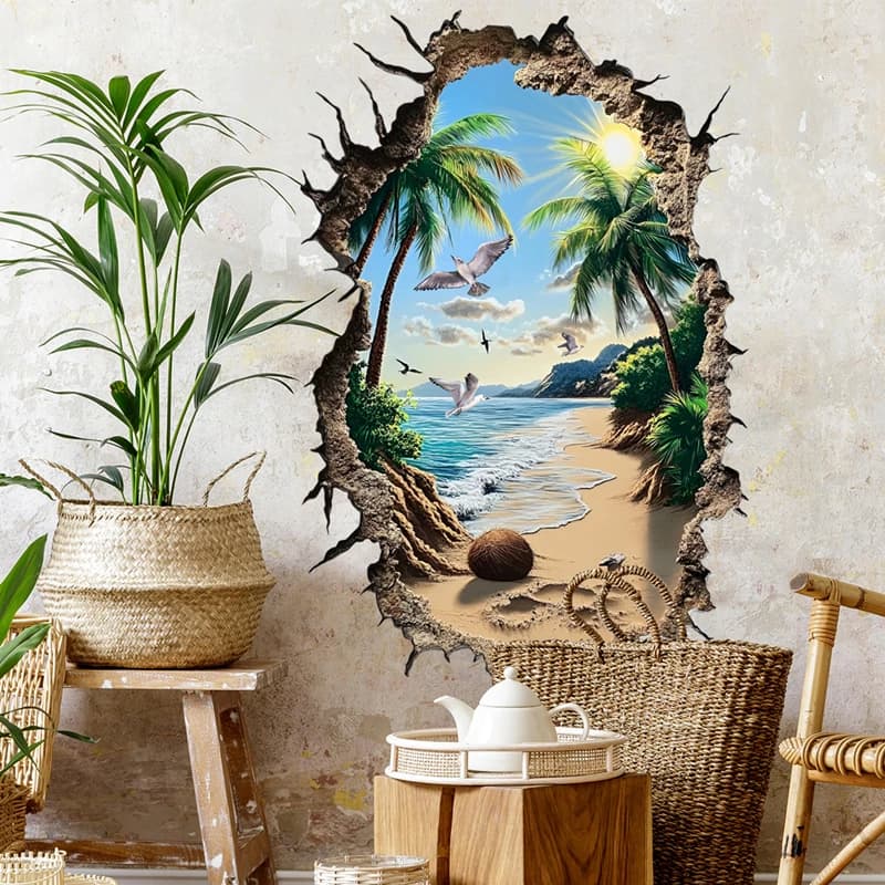 Stickers muraux en vinyle Grand format Vue sur la mer, Plage ensoleillée, Vagues, Cocotiers, Mouette