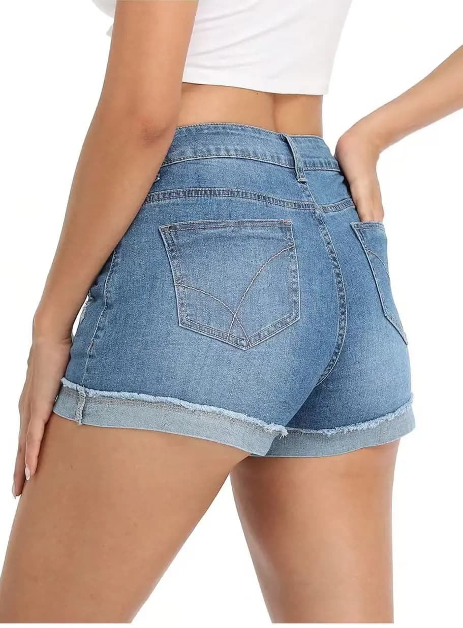 Shorts en jean d'été pour femme, ourlet déchiré, broderie, poche arrière, délavage effet neige, tail