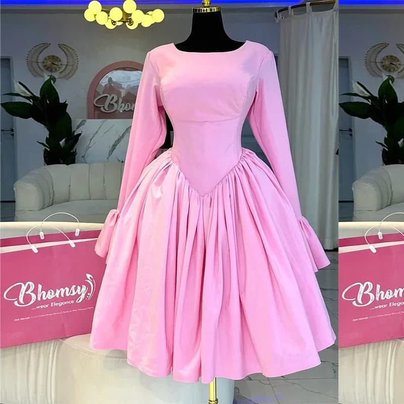 Robe mi-longue pour femmes, ligne A, plissée, col rond, décontractée, élégante, rose, tenue de soiré