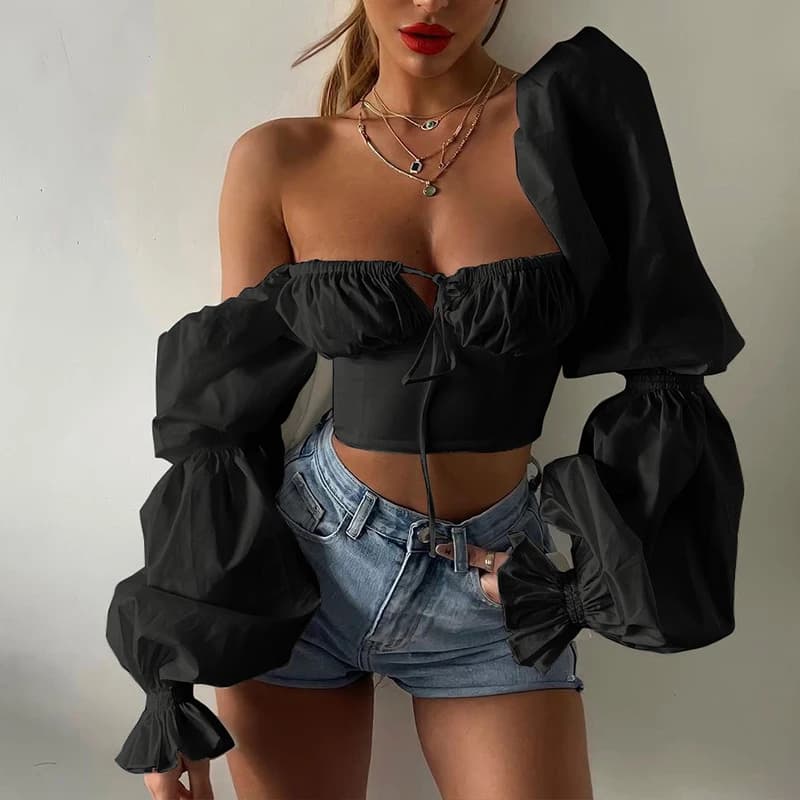 Chemise dos nu à manches bouffantes creuses pour femmes, col carré, plis froncés, chemisier monochro