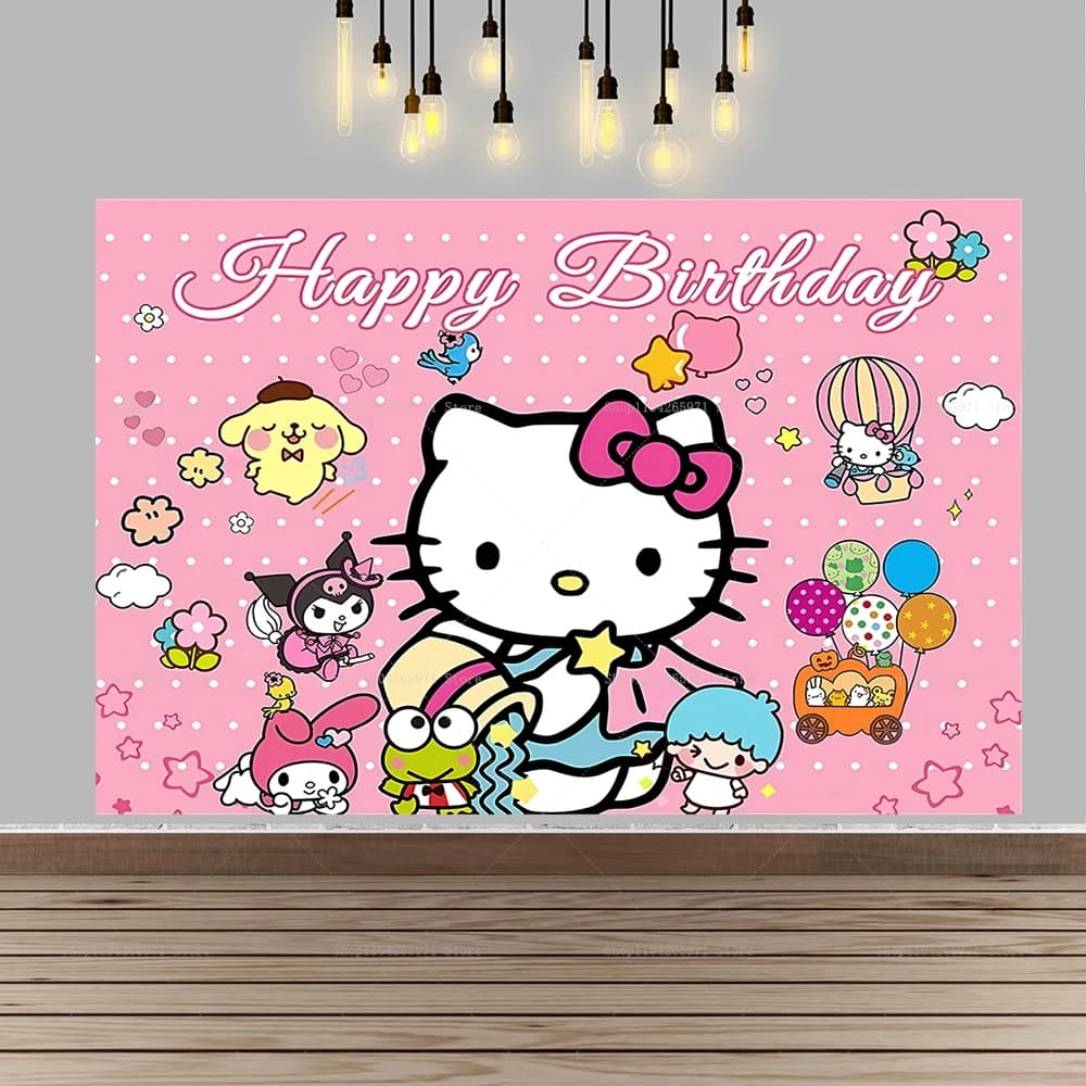 Toile de fond rose Hello Kitty, thème joyeux anniversaire, pour enfants, filles, baby shower, fête,
