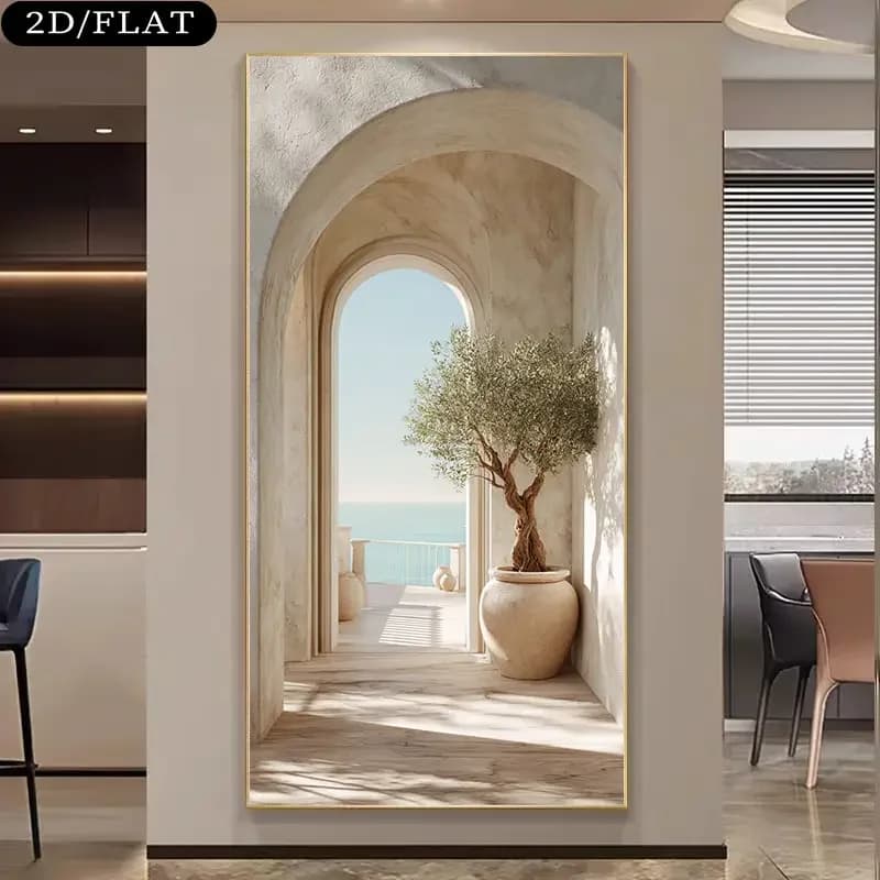 Grande impression sur toile sans cadre avec arche de palmiers méditerranéens - Art mural inspiré des