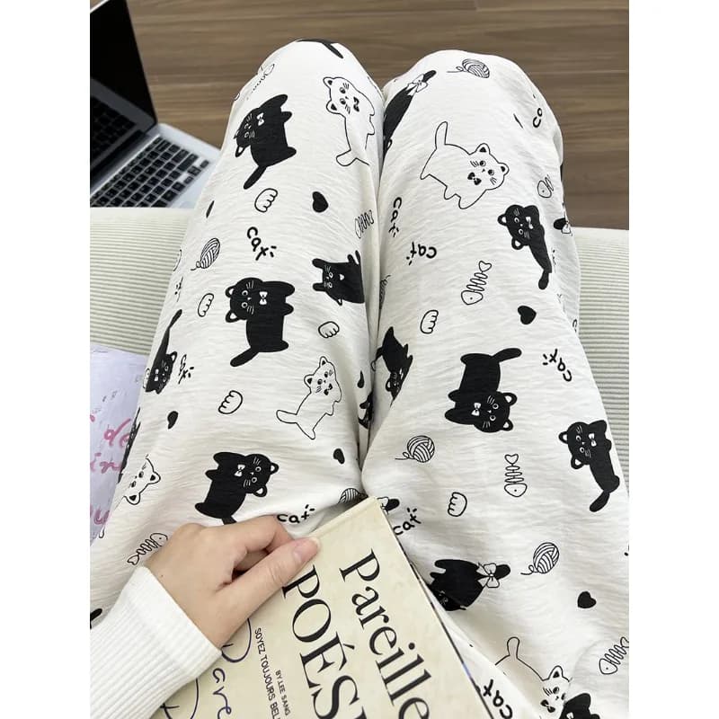 Pantalon de pyjama d'été pour femmes, blanc, chaton de dessin animé, mince, pour étudiant, maison, r