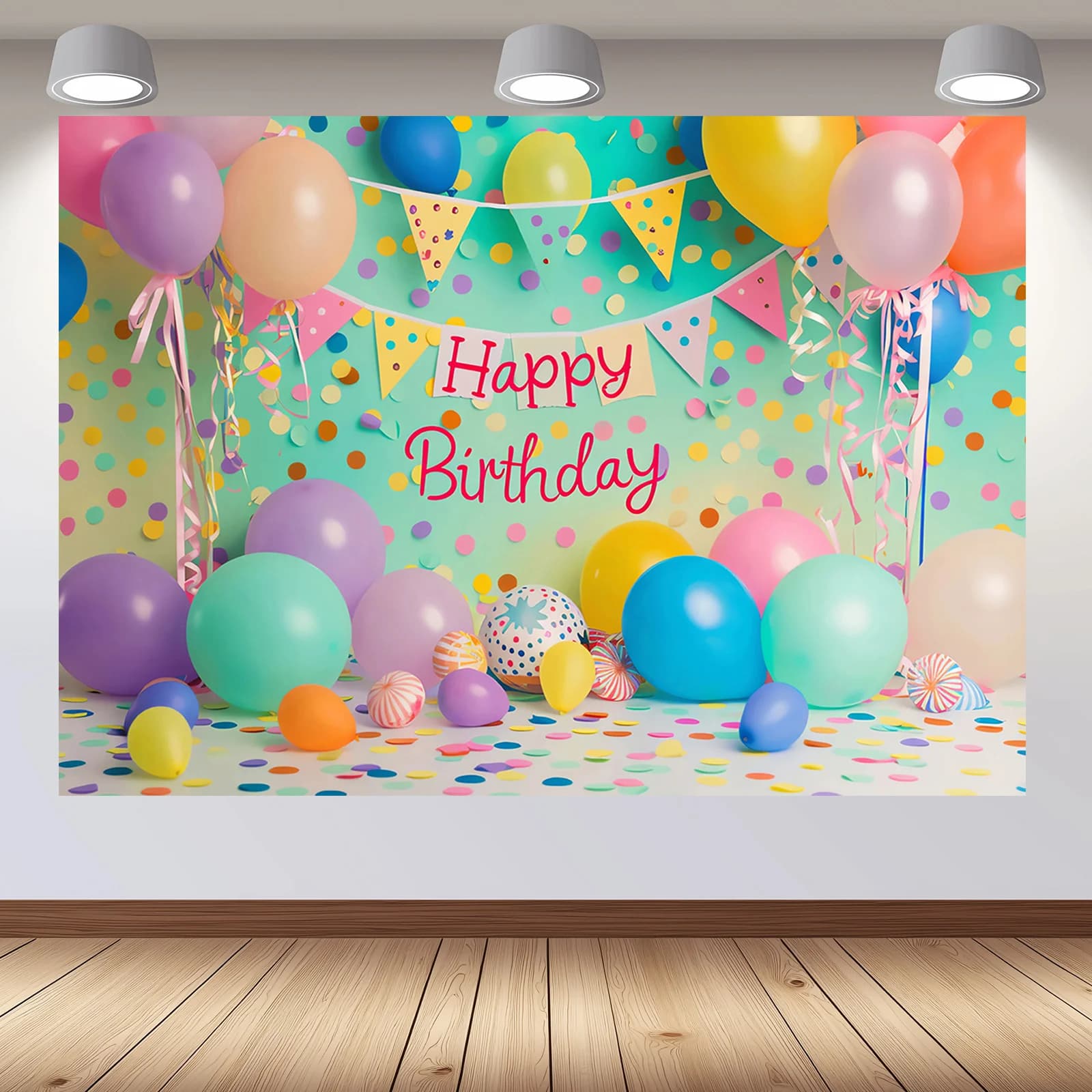 Tissu de fond pour cabine photo Happy Birthday – Motifs de ballons et de gâteaux lumineux, pour fête