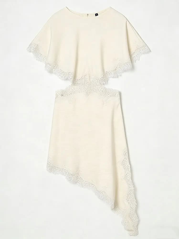 Robe en satin pour femme HH, coupe asymétrique en dentelle, manches courtes, col rond, robe midi déc