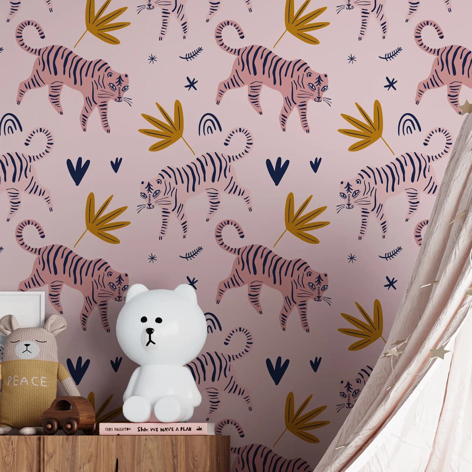 Papier peint esthétique tigre mignon, papier peint de décoration murale rose, peler et coller, ou tr