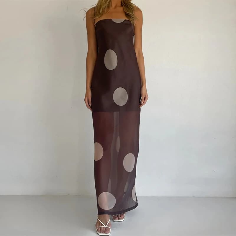 Gaono – robe longue imprimée à pois pour femmes, en maille, bretelles spaghetti, moulante, élégante,