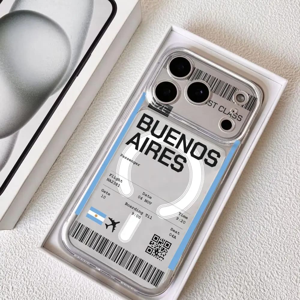 Coque de téléphone iPhone 17 16 15 14 13 12 Pro Max Plus avec motif billet d'avion Argentine, transp