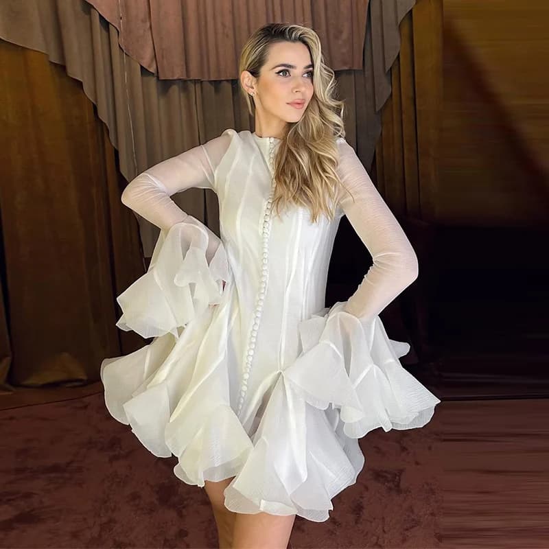 Robe bouffante évasée à manches longues, taille cintrée, col rond, grande jupe, ourlet, robe de soir