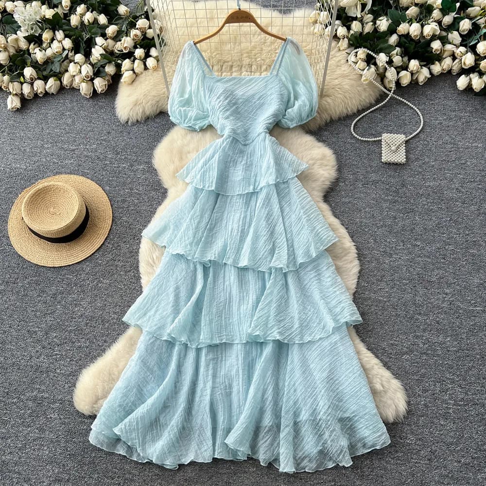 Robe longue d'été pour femme à col carré et manches bouffantes, avec taille cintrée et volants super