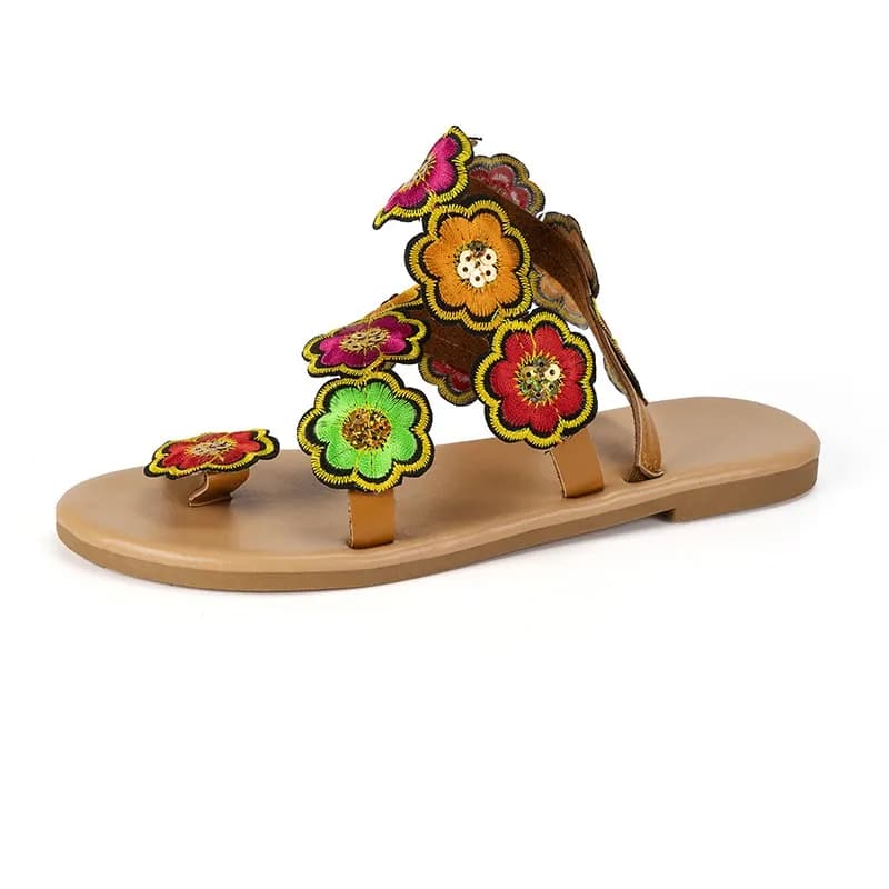 Sandales plates vertes à fleurs pour femme, style bohème, idéales pour les voyages et les vacances, 